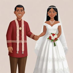 A cartoon of an indigenous male and female getting married, both dressed in traditional wedding attire.