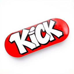 A vivid red skateboard positioned on a clean white background, prominently displaying the word "KICK" in striking white graffiti letters across its top