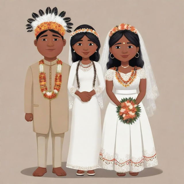 A cartoon of an indigenous male and female getting married, both dressed in traditional wedding attire.