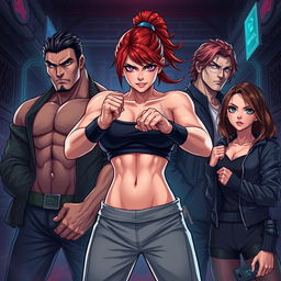 An intense illustration featuring a strong female fighter at the center, showcasing her athletic build and fierce demeanor as she stands confidently in a martial arts stance