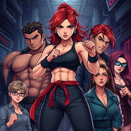 An intense illustration featuring a strong female fighter at the center, showcasing her athletic build and fierce demeanor as she stands confidently in a martial arts stance