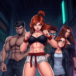 An intense illustration featuring a strong female fighter at the center, showcasing her athletic build and fierce demeanor as she stands confidently in a martial arts stance