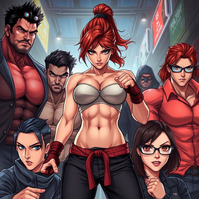 An intense illustration featuring a strong female fighter at the center, showcasing her athletic build and fierce demeanor as she stands confidently in a martial arts stance