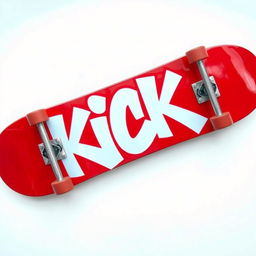 A striking red skateboard displayed on a pristine white background, featuring the word "KICK" designed in bold white graffiti letters on the bottom of the skateboard