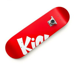 A striking red skateboard displayed on a pristine white background, featuring the word "KICK" designed in bold white graffiti letters on the bottom of the skateboard