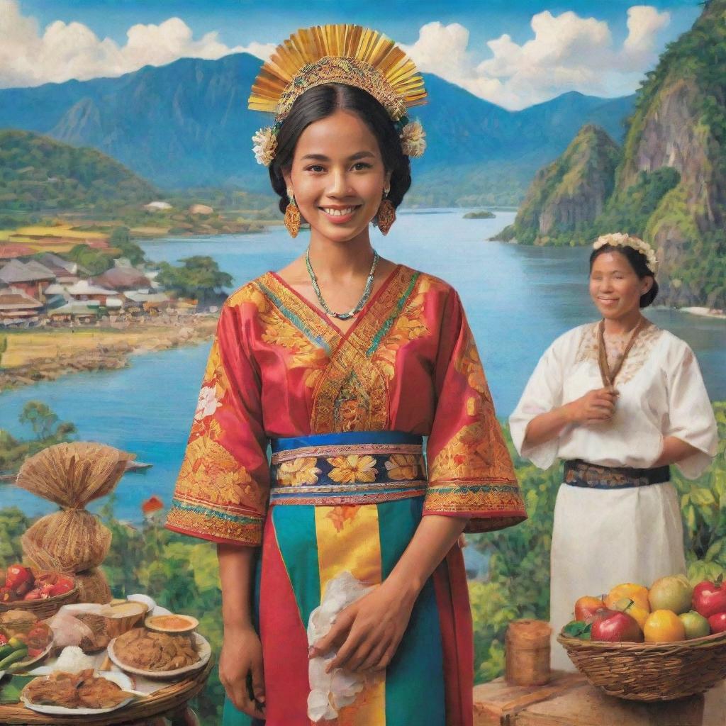 A vibrant depiction of the Filipino culture featuring traditional clothing, local festivals, unique foods, and the country's beautiful natural scenery.