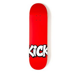 A striking red skateboard displayed on a pristine white background, featuring the word "KICK" designed in bold white graffiti letters on the bottom of the skateboard