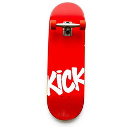 A striking red skateboard displayed on a pristine white background, featuring the word "KICK" designed in bold white graffiti letters on the bottom of the skateboard