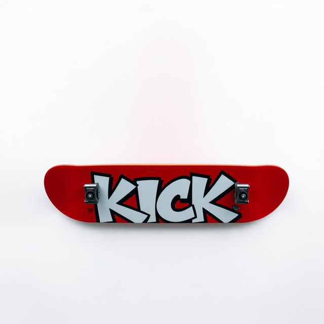 A full view of a vibrant red skateboard showcasing the word "KICK" in bold white graffiti letters on the bottom