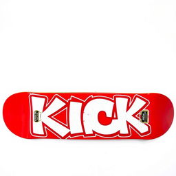 A full view of a vibrant red skateboard showcasing the word "KICK" in bold white graffiti letters on the bottom