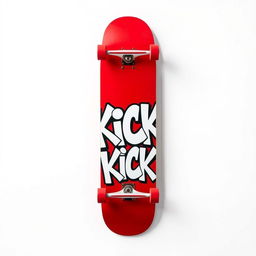 A full view of a vibrant red skateboard showcasing the word "KICK" in bold white graffiti letters on the bottom