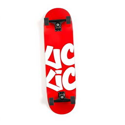 A full view of a vibrant red skateboard showcasing the word "KICK" in bold white graffiti letters on the bottom