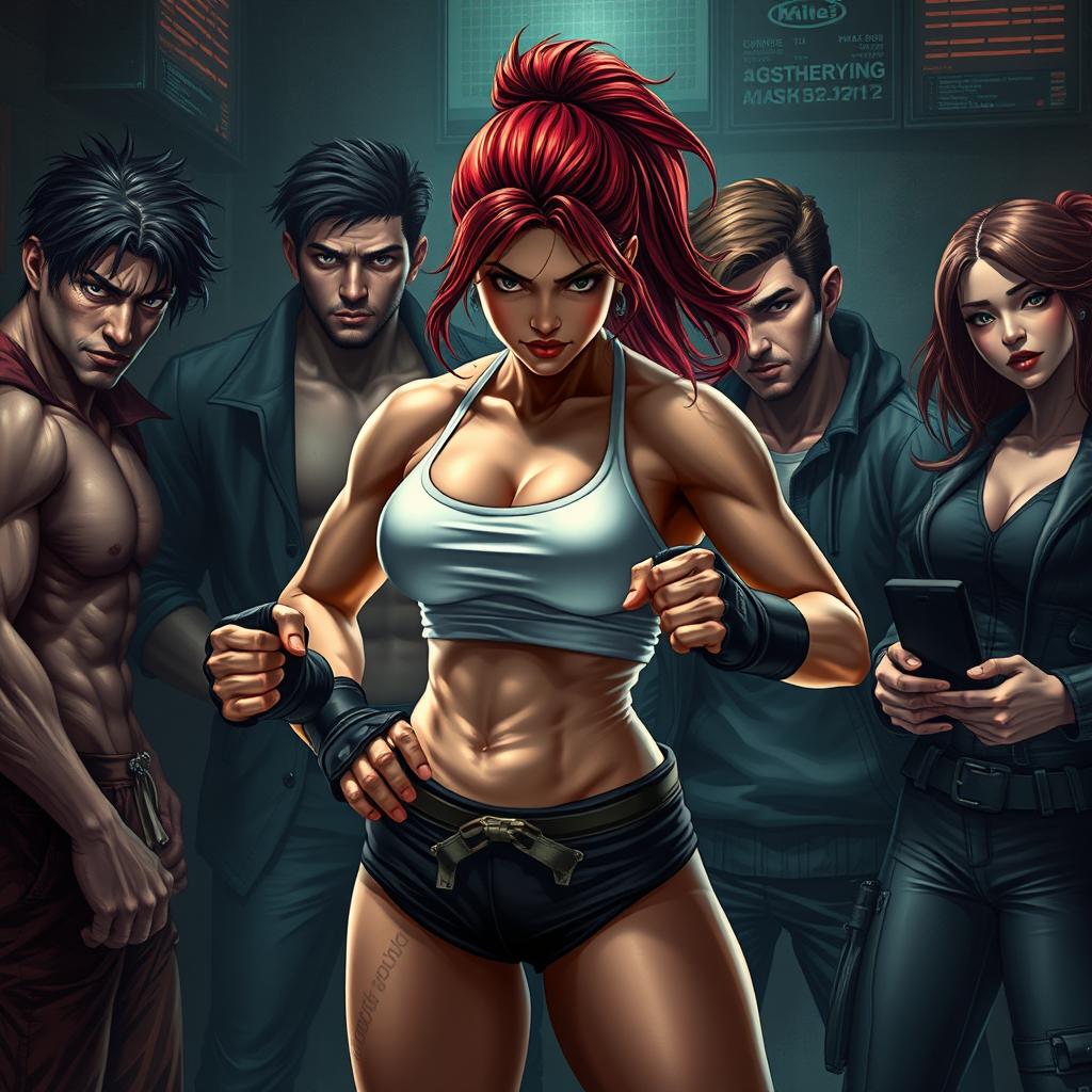 A realistic and captivating scene featuring a strong female fighter in an empowering pose, showcasing her athletic build and determination