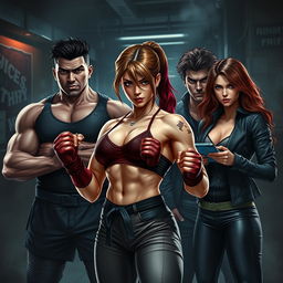 A realistic and captivating scene featuring a strong female fighter in an empowering pose, showcasing her athletic build and determination