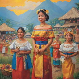 A vibrant depiction of the Filipino culture featuring traditional clothing, local festivals, unique foods, and the country's beautiful natural scenery.