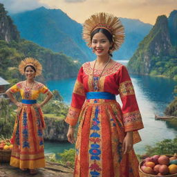 A vibrant depiction of the Filipino culture featuring traditional clothing, local festivals, unique foods, and the country's beautiful natural scenery.