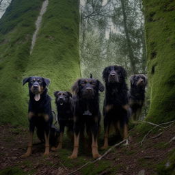 Several dogs with mean expressions, textured fur, and sharp eyes standing alert in the midst of a dense forest.