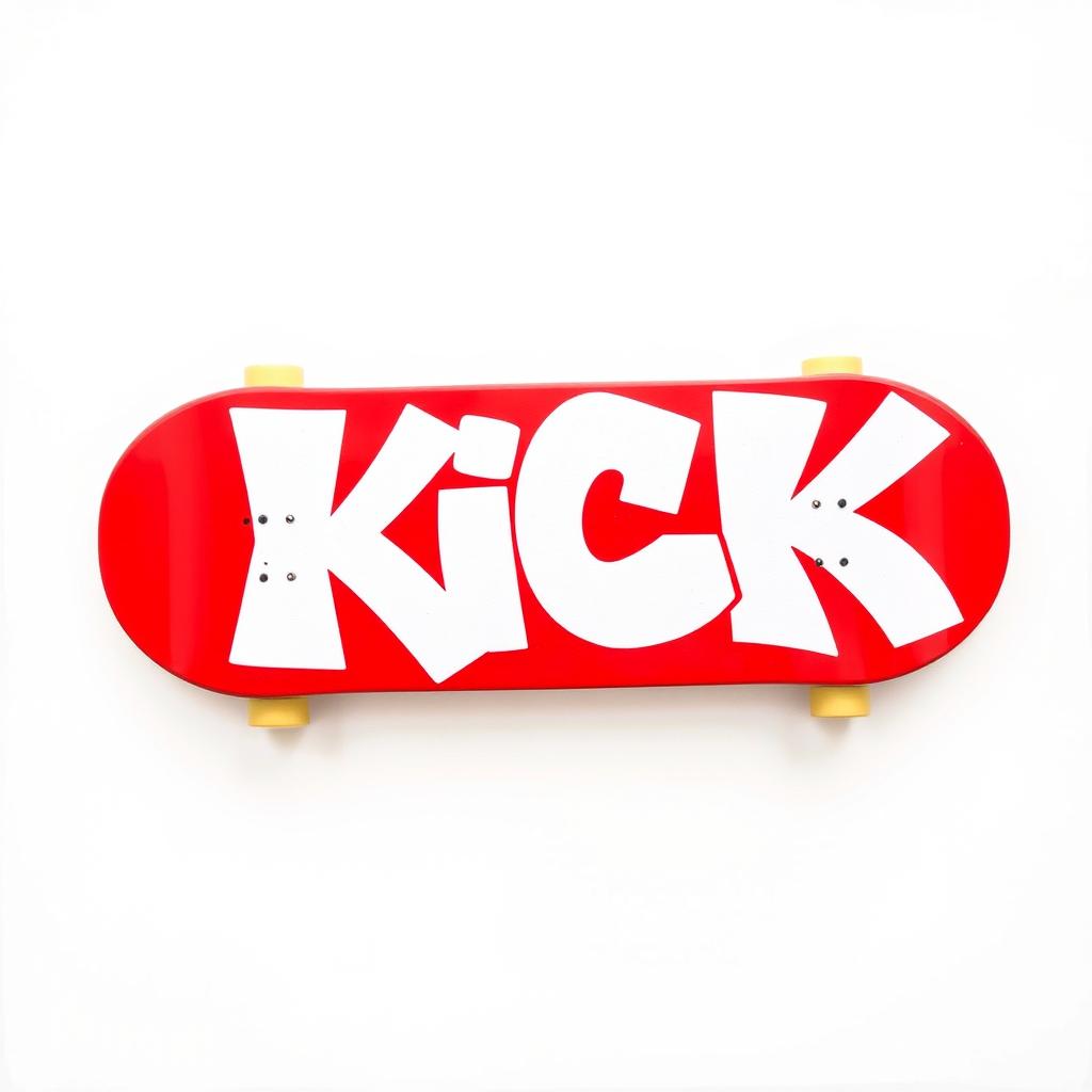 A vibrant red skateboard displayed from the top view, featuring bold white graffiti spelling out the word "KICK" in a striking font