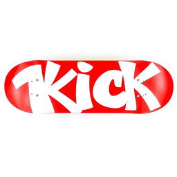 A vibrant red skateboard displayed from the top view, featuring bold white graffiti spelling out the word "KICK" in a striking font