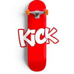 A vibrant red skateboard displayed from the top view, featuring bold white graffiti spelling out the word "KICK" in a striking font