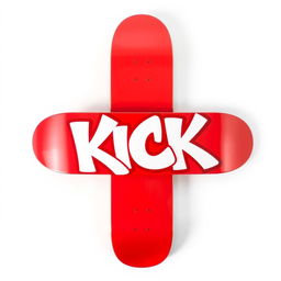 A vibrant red skateboard displayed from the top view, featuring bold white graffiti spelling out the word "KICK" in a striking font