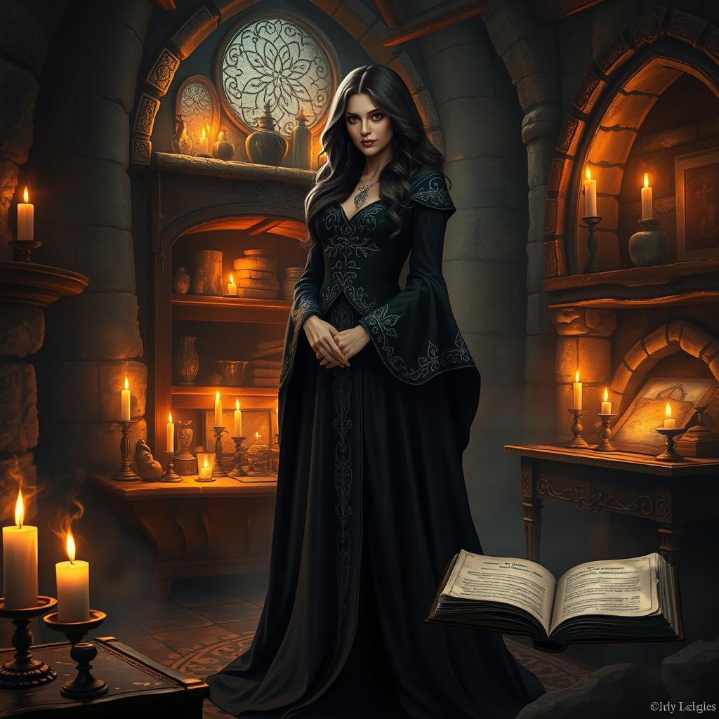 A wicked sorceress character from the story Ashabulukhdud, standing poised in her mysterious abode filled with dark and enchanting elements