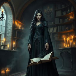 A wicked sorceress character from the story Ashabulukhdud, standing poised in her mysterious abode filled with dark and enchanting elements