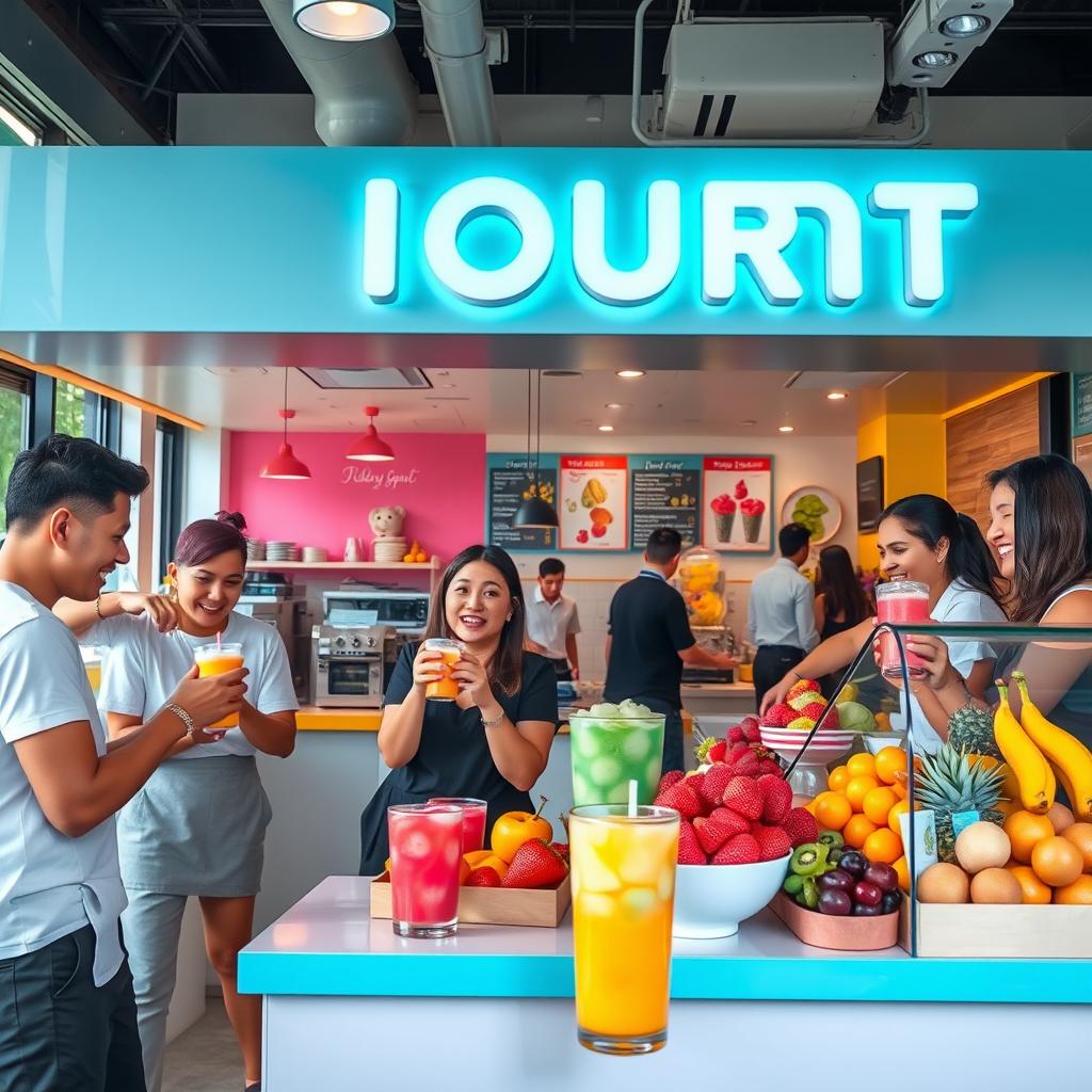 A lively and engaging local commercial for 'IOURT', a healthy fast food restaurant specializing in frozen yogurt smoothies blended with fresh fruits