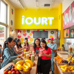 A lively and engaging local commercial for 'IOURT', a healthy fast food restaurant specializing in frozen yogurt smoothies blended with fresh fruits