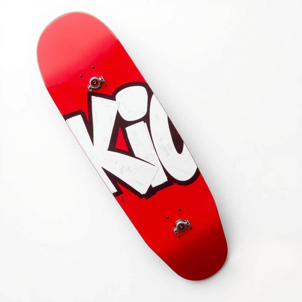 A vibrant red skateboard viewed from the top, showcasing bold white graffiti that spells out the word "KICK" in an eye-catching font