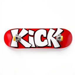 A vibrant red skateboard viewed from the top, showcasing bold white graffiti that spells out the word "KICK" in an eye-catching font