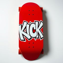 A vibrant red skateboard viewed from the top, showcasing bold white graffiti that spells out the word "KICK" in an eye-catching font