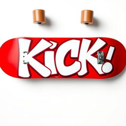 A vibrant red skateboard viewed from the top, showcasing bold white graffiti that spells out the word "KICK" in an eye-catching font