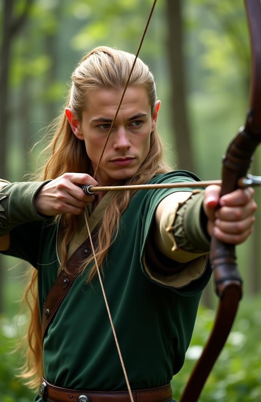 A high-resolution live-action representation of a mature Legolas in his 30s, the legendary elf archer from Tolkien's works