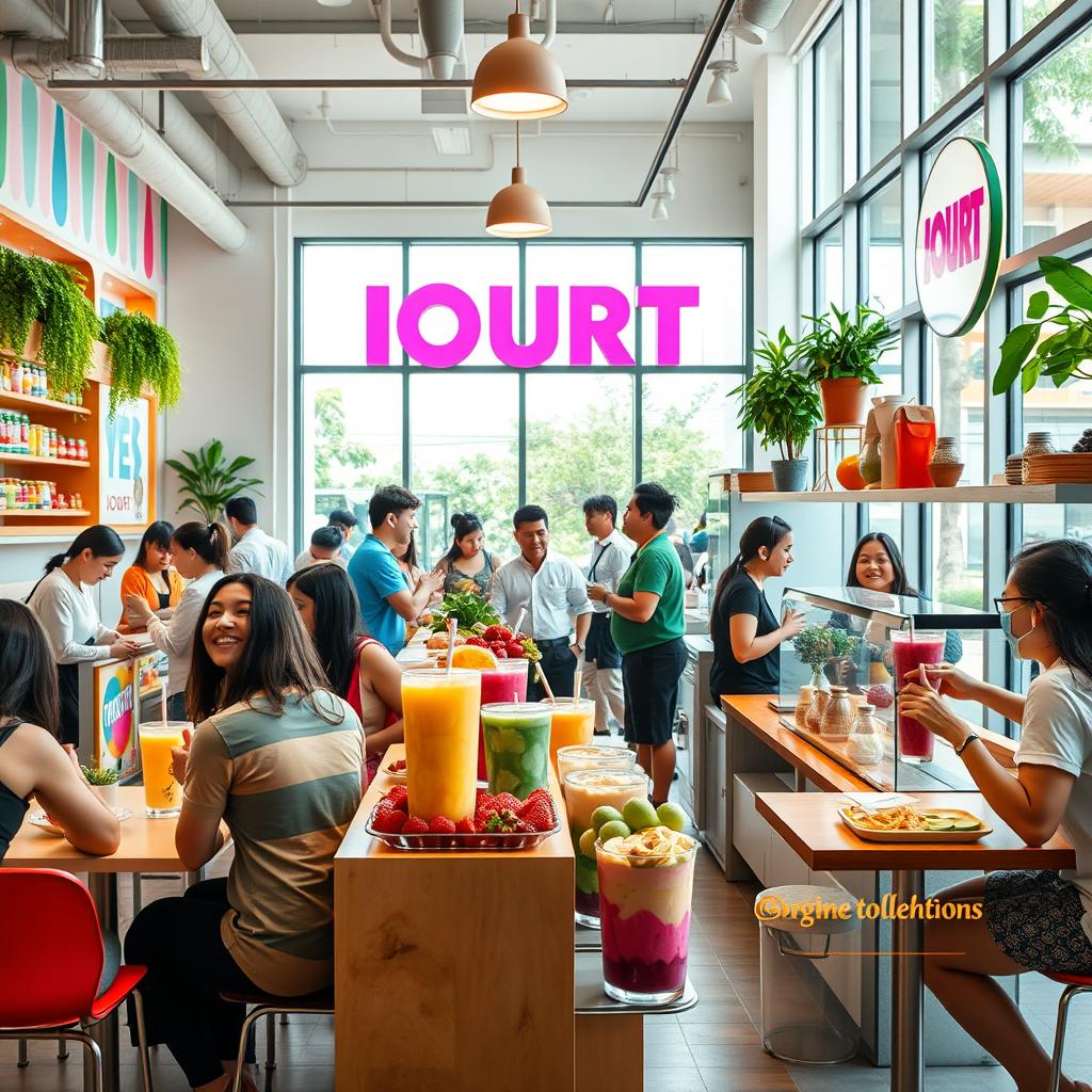 A lively and vibrant scene showcasing 'IOURT', a modern fast food business focused on healthy eating