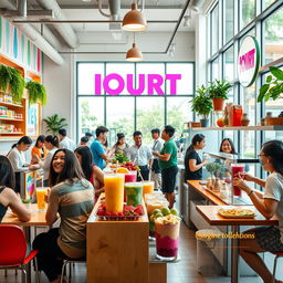 A lively and vibrant scene showcasing 'IOURT', a modern fast food business focused on healthy eating