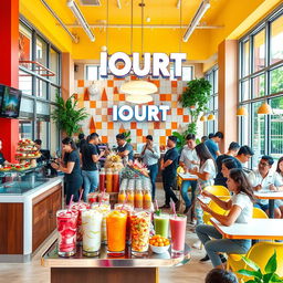 A lively and vibrant scene showcasing 'IOURT', a modern fast food business focused on healthy eating