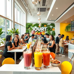 A lively and vibrant scene showcasing 'IOURT', a modern fast food business focused on healthy eating