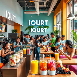 A lively and vibrant scene showcasing 'IOURT', a modern fast food business focused on healthy eating