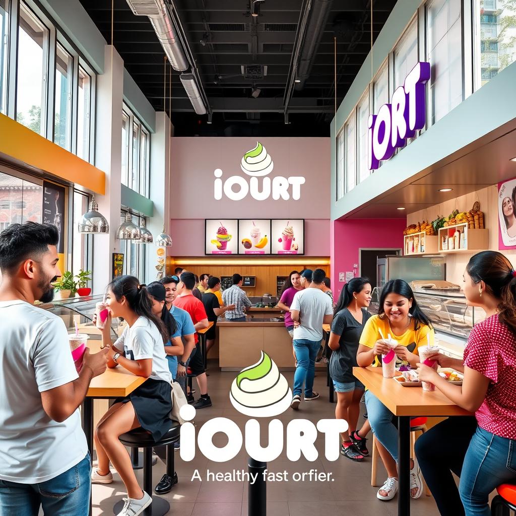 A vibrant and lively representation of 'IOURT', a healthy fast food restaurant specializing in frozen yogurt smoothies