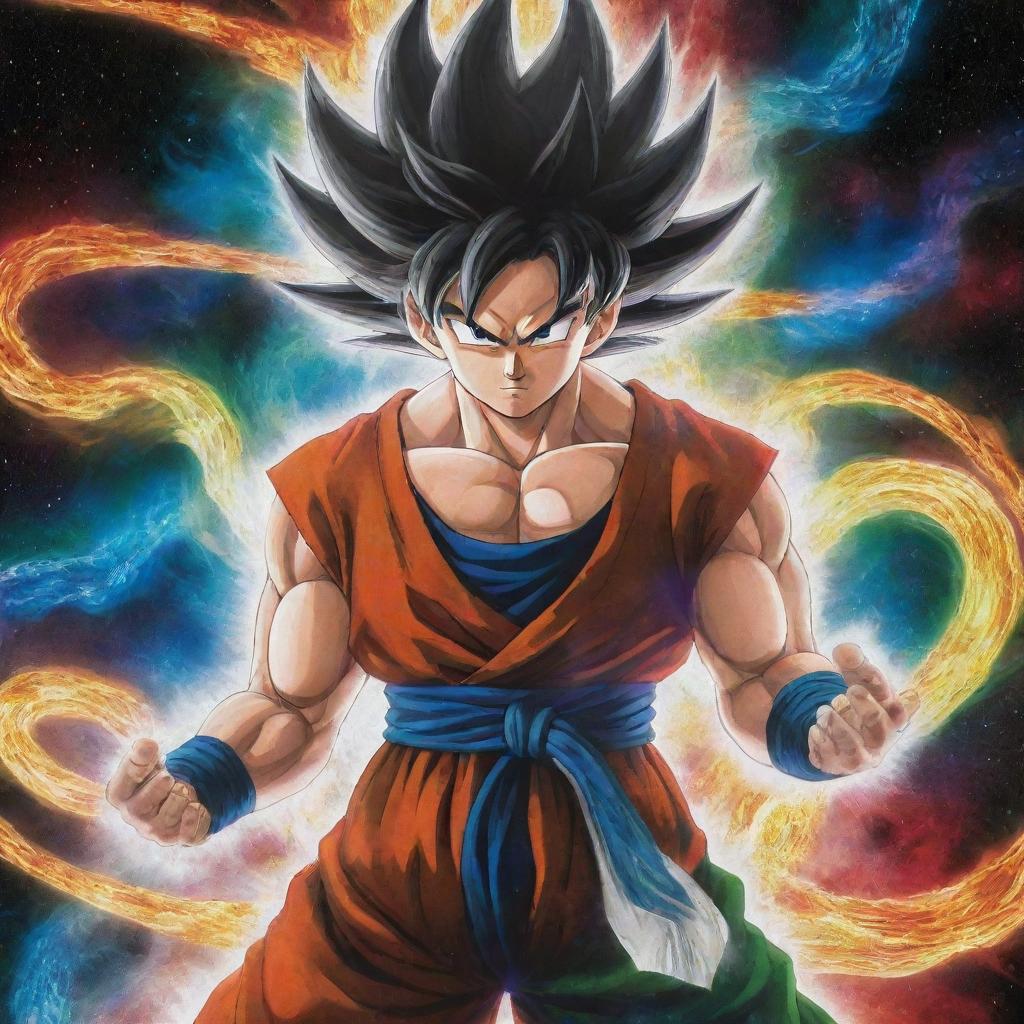 Goku with iconic black, upward flowing cosmic flame-like hair, streaked with swirls of silver and gold. One eye is a shimmering gold, the other, silver, symbolizing creation and destruction. He is surrounded by a magnificent multi-colored aura of red, blue, and green. His gi is replaced with a flowing robe of ethereal energy, adorned with intricate cosmic patterns.