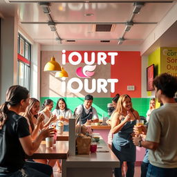 A vibrant and lively representation of 'IOURT', a healthy fast food restaurant specializing in frozen yogurt smoothies