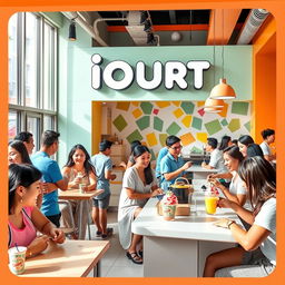 A vibrant and lively representation of 'IOURT', a healthy fast food restaurant specializing in frozen yogurt smoothies