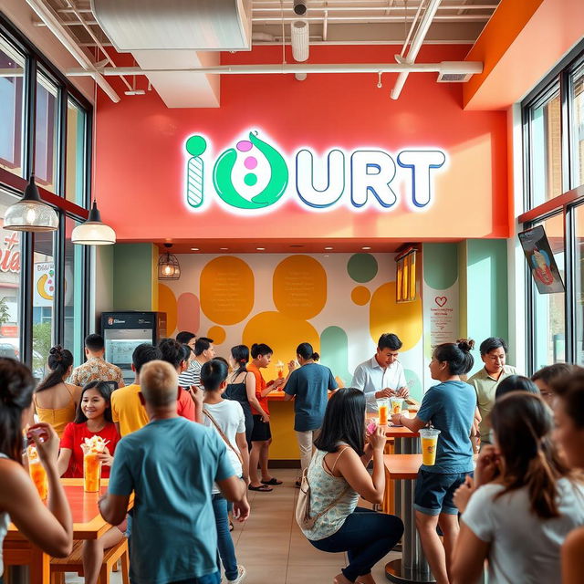 A vibrant and lively representation of 'IOURT', a healthy fast food restaurant specializing in frozen yogurt smoothies