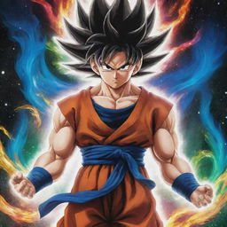 Goku with iconic black, upward flowing cosmic flame-like hair, streaked with swirls of silver and gold. One eye is a shimmering gold, the other, silver, symbolizing creation and destruction. He is surrounded by a magnificent multi-colored aura of red, blue, and green. His gi is replaced with a flowing robe of ethereal energy, adorned with intricate cosmic patterns.