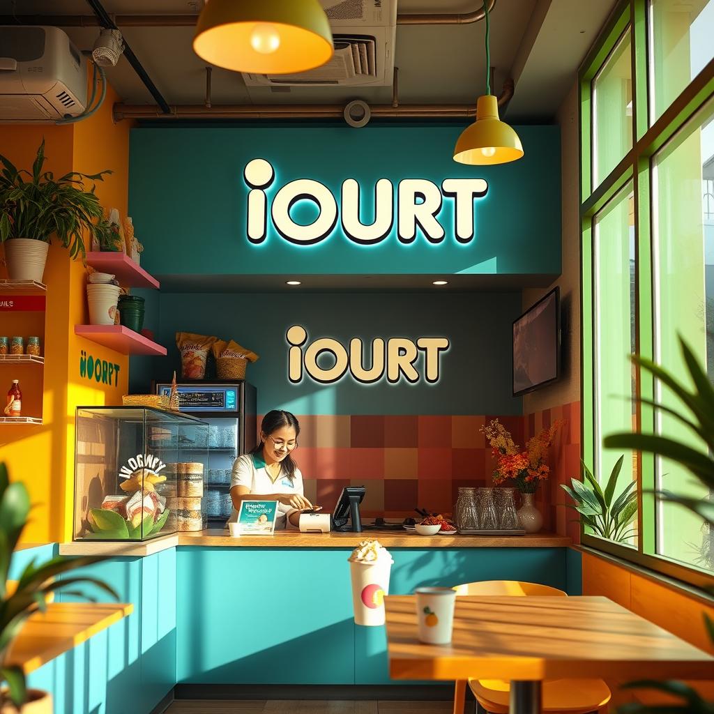 A vibrant and inviting scene representing 'IOURT', a sub-brand of YORGANIX, a healthy fast food establishment