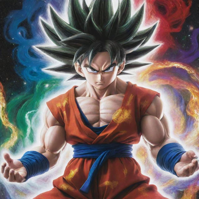 Goku with iconic black, upward flowing cosmic flame-like hair, streaked with swirls of silver and gold. One eye is a shimmering gold, the other, silver, symbolizing creation and destruction. He is surrounded by a magnificent multi-colored aura of red, blue, and green. His gi is replaced with a flowing robe of ethereal energy, adorned with intricate cosmic patterns.