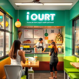 A vibrant and inviting scene representing 'IOURT', a sub-brand of YORGANIX, a healthy fast food establishment