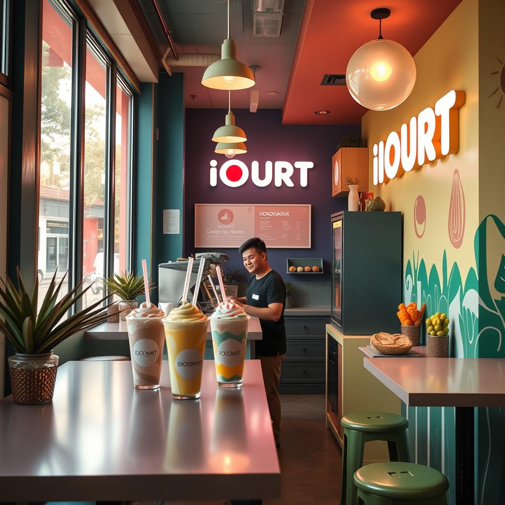 A vibrant and inviting scene representing 'IOURT', a sub-brand of YORGANIX, a healthy fast food establishment