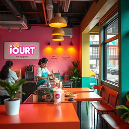 A vibrant and inviting scene representing 'IOURT', a sub-brand of YORGANIX, a healthy fast food establishment